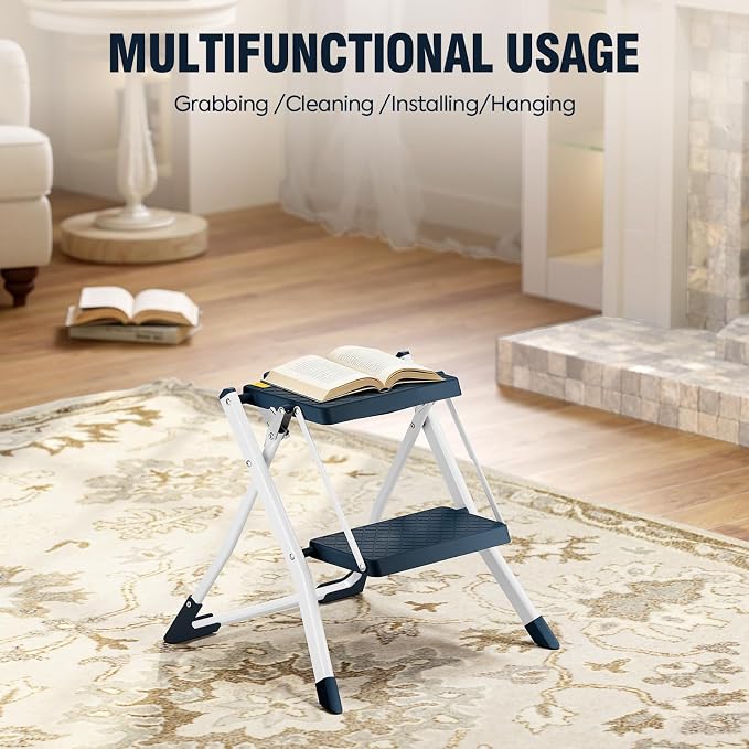 URACKIFY 2 Step Stool Foldable, Step Ladder with Non-Slip Rubber mat, Step Stool with Release Button, Lightweight Steel, Blue, for up to 330LBS.