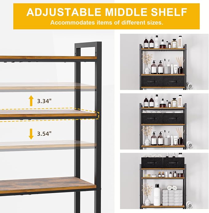 Over The Toilet Storage with Adjustable Wooden Shelves and 2 Fabric Drawers, 4-Tier Over Toilet Bathroom Organizer, Small Freestanding Storage Shelf for Toilet Paper, Towels, Toiletries