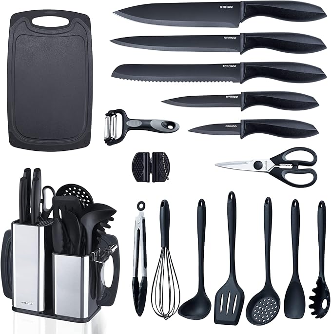 RAXCO Kitchen Utensils Set,18-Piece Cooking Utensils and Knife Set,Black | Food-grade Silicone Heat-safe to 410°F, Detachable Stainless Steel Holder, 5 Kitchen Knives and Cutting Board All-in-one