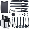 RAXCO Kitchen Utensils Set,18-Piece Cooking Utensils and Knife Set,Black | Food-grade Silicone Heat-safe to 410°F, Detachable Stainless Steel Holder, 5 Kitchen Knives and Cutting Board All-in-one