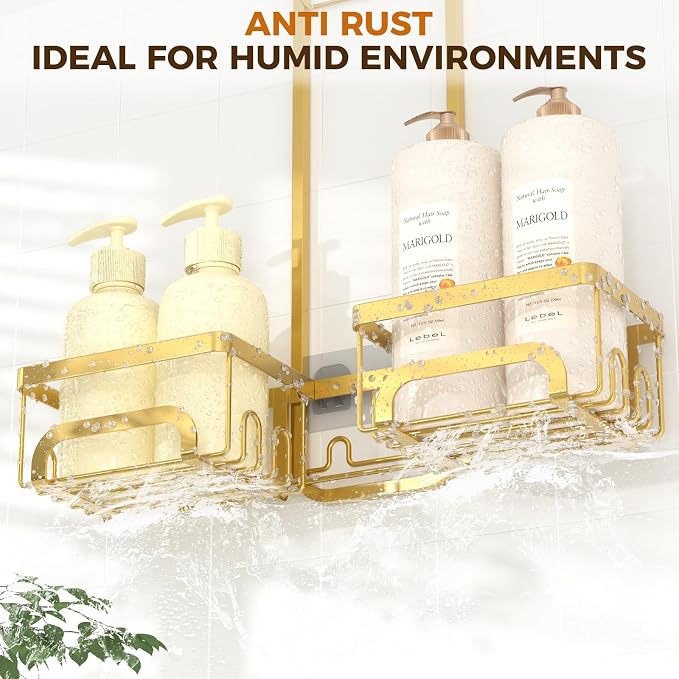 REINHARDT Shower Caddy Hanging for Handheld Showerheads Adjustable Split Shower Caddy, Rustproof Shower Organizer with Hooks for Razors Over the Head Caddy with Soap Holder Bathroom Accessories, Gold