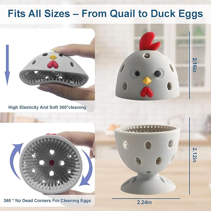 Egg Washer for Fresh Eggs, Egg Scrubber for Fresh Eggs, 2 Reusable Silicone Chicken Shaped Scrubs, Chicken Egg Cleaner, Eggshell Cleaner for Poultry Farm, Housewife Tools Vegetable Processing (Gray)