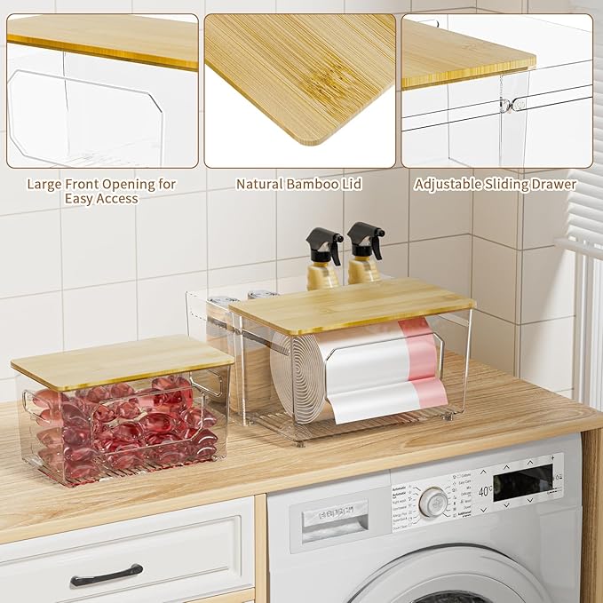 Trash Bag Holder 3-in-1 Under Sink Organizer, Acrylic Trash Bag Dispenser with Bamboo Lid and Pull-Out Basket for Cleaning Supplies, Space Saving Garbage Bag Holder for Kitchen Laundry Room Storage