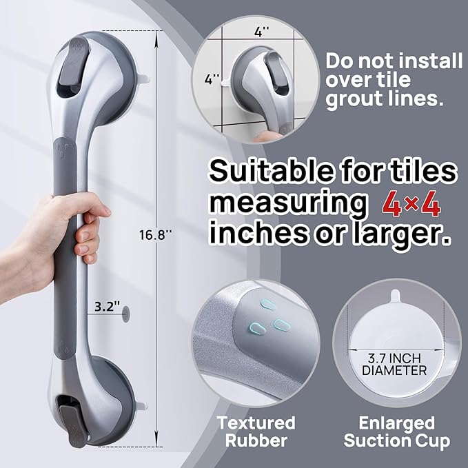 LEVERLOC Grab Bars for Bathtubs and Showers 2 Pack Suction Grab Bar, Heavy Duty 17 Inch Shower Handle Removable Bath Handrails for Seniors and Elderly, Bathroom Safety Grip No Drilling Waterproof Grey
