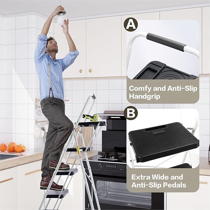 4-Step Ladder with Wide Anti-Slip Platform & Thick Rubber Feet | Heavy Duty Foldable & Portable | 330 lbs Capacity, Steel Frame, Rubber Handgrip, Folding Step Stool