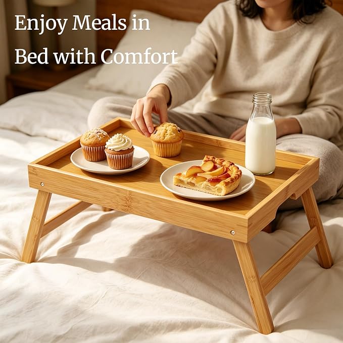 Fibogollo 2 Pack Bamboo Bed Tray Table with Folding Legs,Breakfast Trays,Serving Tray for Food and Snack,Laptop Trays for Working(Natural)