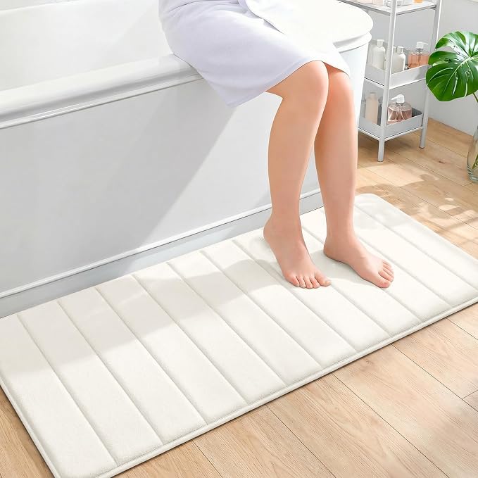 OLANLY Memory Foam Long Bathroom Rugs Runner 47x20, Super Soft Absorbent Bath Mat, Quick Dry, Machine Washable Shower Floor Rugs, Bathmat Carpet, Bathroom Home Decor Accessories, Ivory