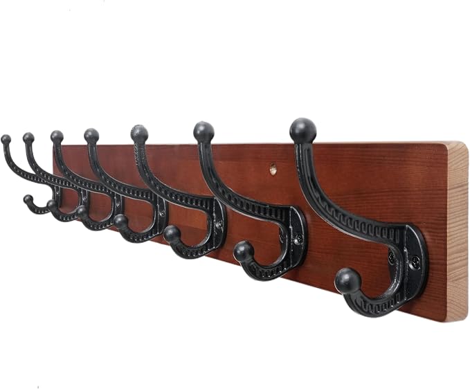 WEBI Rustic Coat Rack Wall Mount,30" Long 7 Cast Iron Coat Hooks Wall Mounted,Heavy Duty Wood Wall Coat Hanger Hooks for Hanging Coats,Jacket,Clothes,Backpack,Farmhouse,Cherry