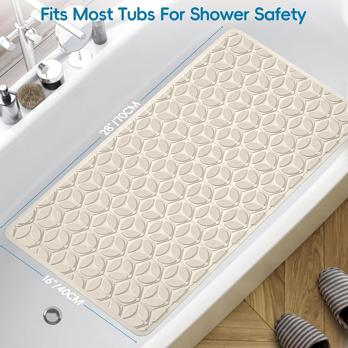 Bathtub Mat Non Slip with Suction Cups - 100% Rubber Bathroom Mat Textured for Bath Tub Shower Safety - Soft on Touch - BPA/PVC Free - Pet Dog Bath Mat - Machine Washable - 16 × 28 Inch（Beige）