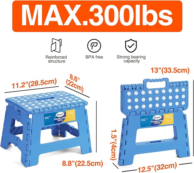 Korpai 9" Folding Step Stool for Adults and Kids Holds Up to 300 lbs,Non-Slip Folding Stools with Portable Handle, Compact Plastic Foldable Step Stool for Bathroom,Bedroom, Kitchen,Sky Blue,1PC