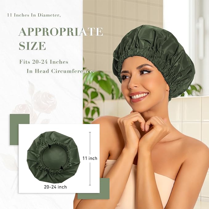 Reusable Shower Cap for Women, Large Waterproof Shower Bonnet with Elastic Band, Washable Bath Hair Cap for Long, Curly Hair, Braids, Daily Shower, Home Spa, Travel(Green&Purple)