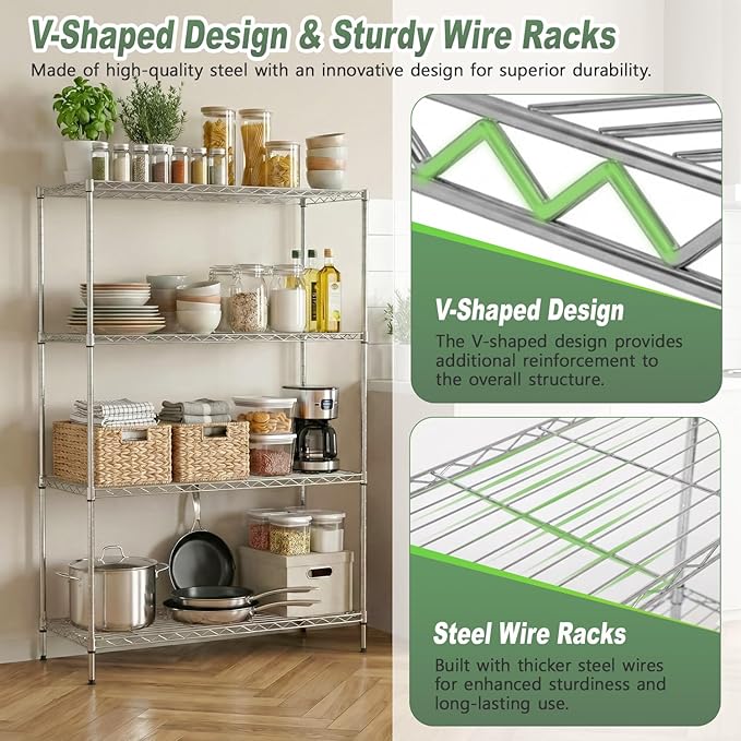 BestOffice 4-Tier Wire Shelving Unit, 1000 LBS Heavy Duty Metal Storage Shelves, Adjustable Wire Shelf for Garage, Kitchen, Pantry, Utility Shelving Rack with Leveling Feet, Chrome
