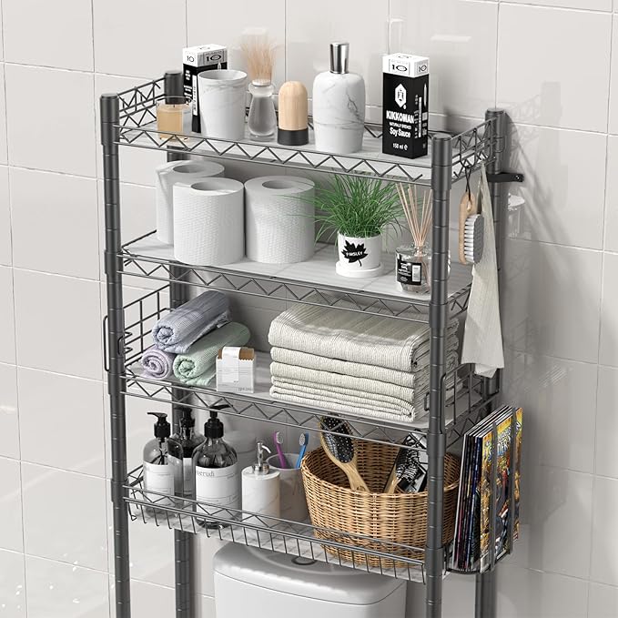 Hodonas 4-Tier Over The Toilet Storage, Adjustable Over Toilet Bathroom Organizer Rack, Freestanding Bathroom Shelves Above Toilet Storage, Sturdy Bathroom Space Saver with Basket and Shelves, Gray