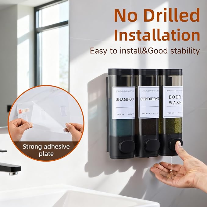 Shampoo and Conditioner Dispenser,Shower Soap Dispenser 3 Chamber No Drill Wall-Mounted Shampoo Dispenser for Shower Wall Mounted Shower Dispenser for Bathroom Hotel Large Capacity,Matte Black
