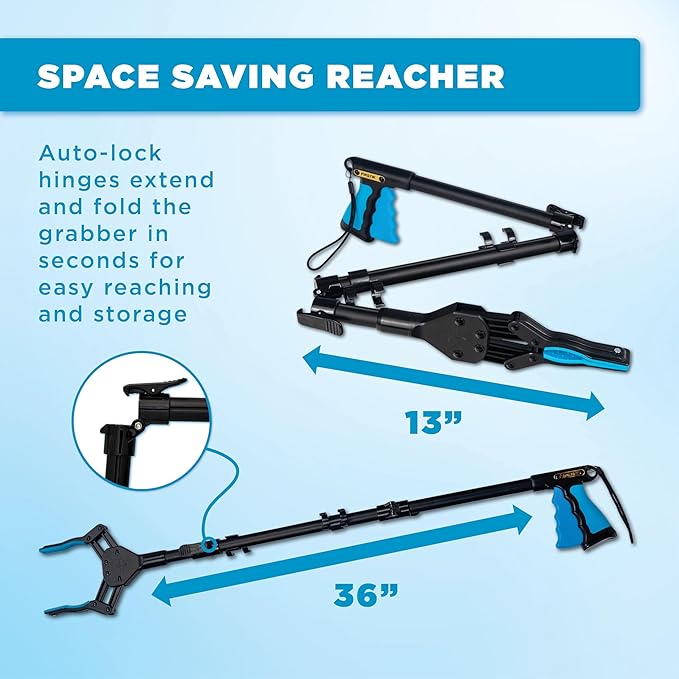 36 Inch Folding Grabber Reacher Tool - Heavy Duty Trash Picker Upper & Post Surgery Recovery Mobility Aid for Seniors - Strong Blue Gripper with Magnetic Tip, Long Reaching Stick