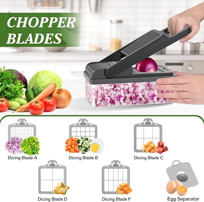 HomeHacks Vegetable Chopper Vegetable Cutter, 15 in 1 Kitchen Gadget, Dicer, Slicer, Onion Cutter, Salad, Cheese Grater & Egg Separator - Multi-Functional Veggie Chopper Lid with Handle (Grey)
