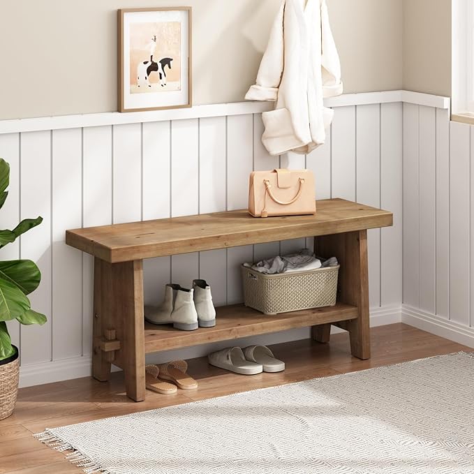 HOKYHOKY Solid Wood Entryway Bench - 39.4" Farmhouse Long Storage Bench, Rustic Narrow Bench Seat for Indoor, Entryway, Dining Room, Living Room and Hallway, Brown