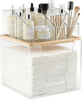 2 in 1 Disposable Facial Towel Holder and Cosmetic Organizer, Clear Storage with Bamboo Lid Compatible with Clean Skin Club Towel XL, Stackable Vanity Organizer for Bathroom Vanity Counter (1 Pack)