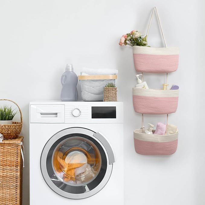 TeoKJ Over the Door Hanging Basket, 3-Tier Woven Cotton Wall-Mounted Storage Organizer Bag Decorative Hanging Nursery Baskets, Pink & White