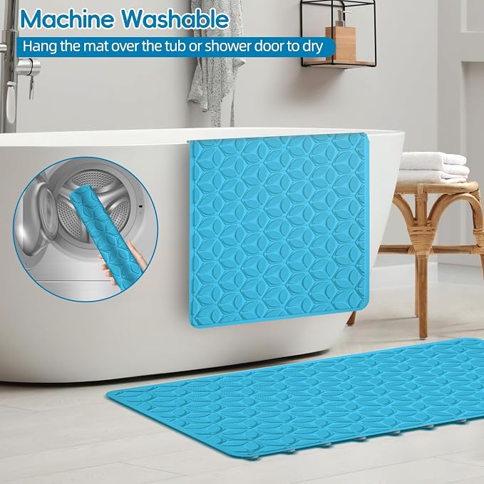 Bathtub Mat Non Slip with Suction Cups - 100% Rubber Bathroom Mat Textured for Bath Tub Shower Safety - Soft on Touch - BPA/PVC Free - Pet Dog Bath Mat - Machine Washable - 16 × 28 Inch（R Blue）