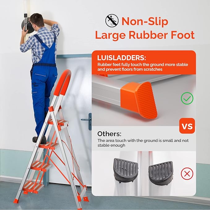 LUISLADDERS Step Ladder 4 Step Lightweight Folding Step Ladder Aluminum Step Stool with Widened Anti-Slip Strip Pedal Convenient Handgrip 350lbs EN131, Multi-use for Household and Office