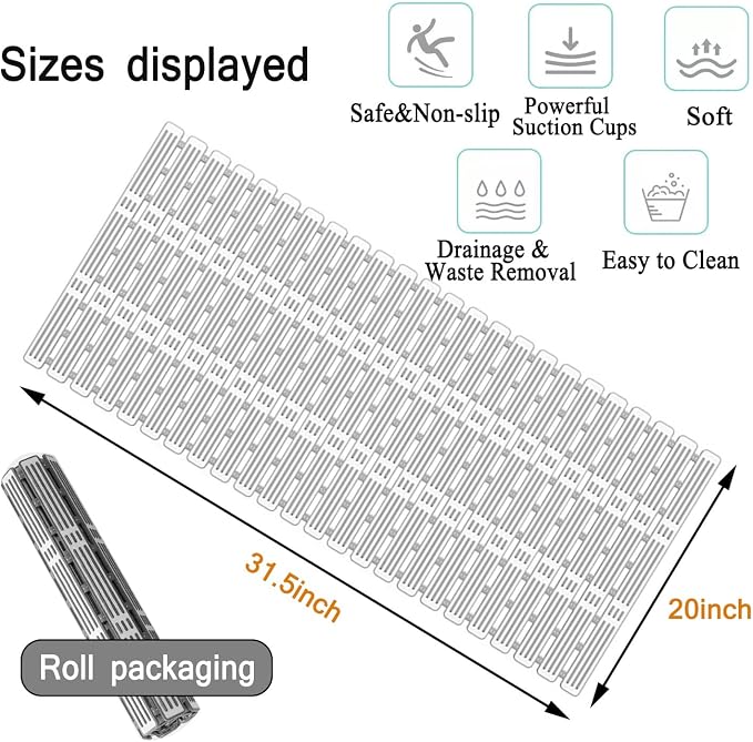 Bath Tub Shower Mat, 31 x 20 Inch, TPE Machine Washable Bathtub Floor Liner Bathroom Non-Slip Mats, Suction Cups and Drain Holes, Easy to Cut