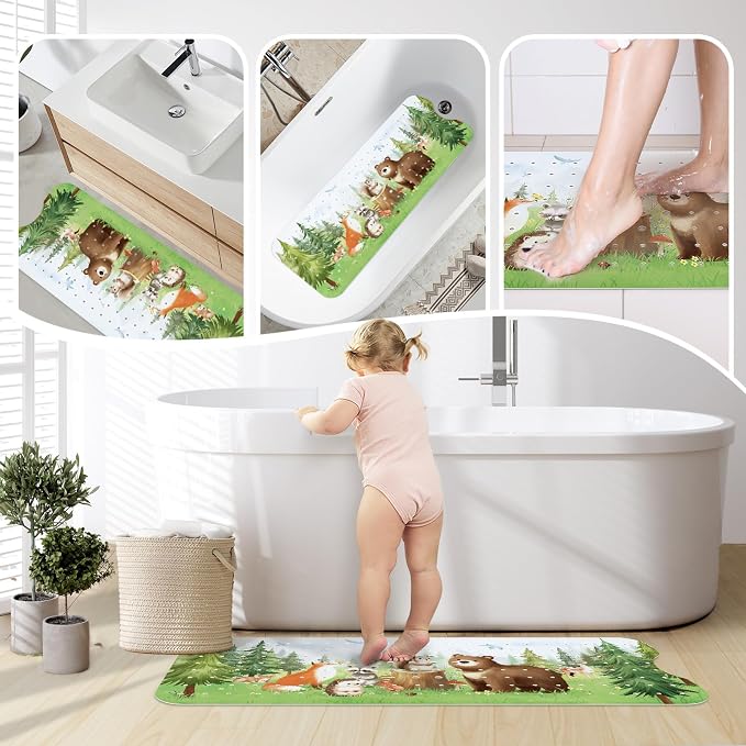 SHUCHING Woodland Animal Bath Mat for Tub Non Slip-40 X 16 Inch, Bathtub Mat Non Slip for Baby Kids, Long Toddler Shower Mat for Bathroom