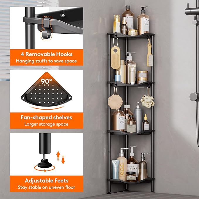 Lifewit Floor Standing Shower Caddy Corner, 4 Tier Plastic Shower Stand Rack with Adjustable Feet and Hooks, Rustproof Bathroom Shelf Organizer, Black, 34 x 24 x 107 cm/13 x 9.5 x 42 inch