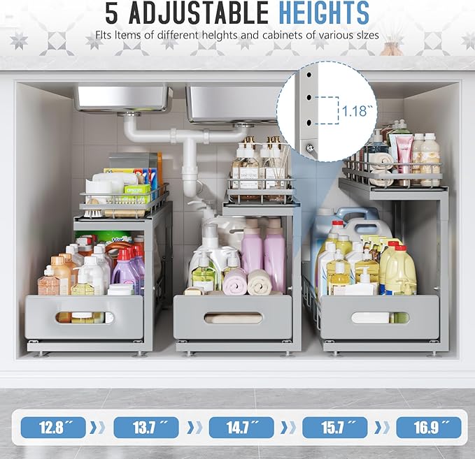 Under Sink Organizer Upgrade To Professional Rails,2-Tier Dual Pull Out Cabinet Storage,Height Adjustable Slide Out Drawers For Bathroom Kitchen,2 Pack-14.5"Dx12.8"-16.9"H,Gun Gray