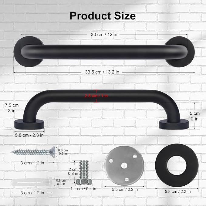 2 Pack Bathroom Grab Bar, supregear 12 Inch Length Black Shower Safety Grab Bar, 1 Inch Diameter 201 Stainless Steel Anti-Slip Handle for Senior, Elderly, Handicap