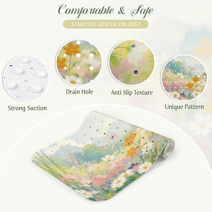 SHUCHING Colorful Flower Bath Mat for Tub Non Slip-40 X 16Inch, Bathtub Mat Anti Slip for Women, Extra Long Shower Mat for Bathroom Mold Free, Machine Washable