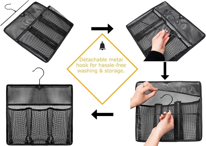 ALYER Mesh Shower Organizer, Shower Caddy with Rotating Detachable Metal Hanger, Quick Dry Bathroom Storage for Toiletry Accessories, Portable Shower Bag for RV, Dorm, Gym and Travel, Gray