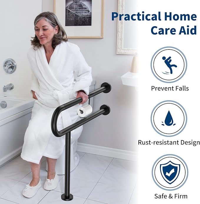 Toilet Support Rail w/Toilet Paper Holder 31.5x28 Inch, ZUEXT Wall to Floor Matte Black Anti-slip Handicap Grab Bar for Bathroom,Stainless Steel Safety handrails with Leg for Elderly Disabled Pregnant
