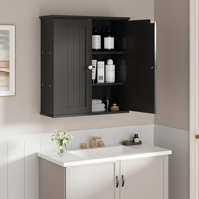 Shintenchi Bathroom Wall Medicine Cabinet with 2 Door, Bathroom Storage Organizer Over The Toilet,Space Saving Storage with 3-Tier Shelves,Solid Black