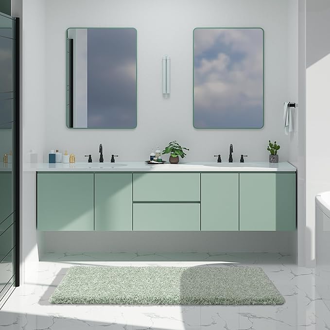 Yimobra Luxury Bathroom Rugs, Fluffy Bath Mats, Non Slip, Water Absorbent Microfiber, Machine Washable, Plush Runner Shower Rugs, Thick Matts for Bathroom Floor&Tub, 60" X 24", Light Green and White