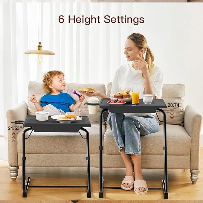 HUANUO Adjustable TV Tray - Foldable TV Tray Table with 6 Height & 3 Tilt Angle Adjustments, TV Dinner Tray with Cup Holder for Couch, Bed, Sofa and Chair (Black)
