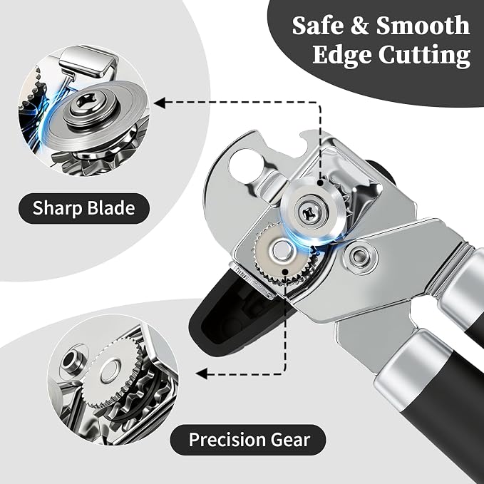 Can Opener Manual, Hand Heavy Duty Stainless Steel Bottle Opener Comfortable Handle, Sharp Blade Smooth Edge, Multifunctional Kitchen Tool, Black