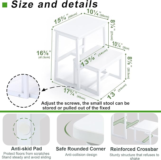 Step Stool for Adults, Holds up to 500Lb,3 in1 Heavy Duty Sturdy 2 tair Wooden StepStool for Kichen/Bathroom/High beds, Metal Frame, Non-Slip Pads