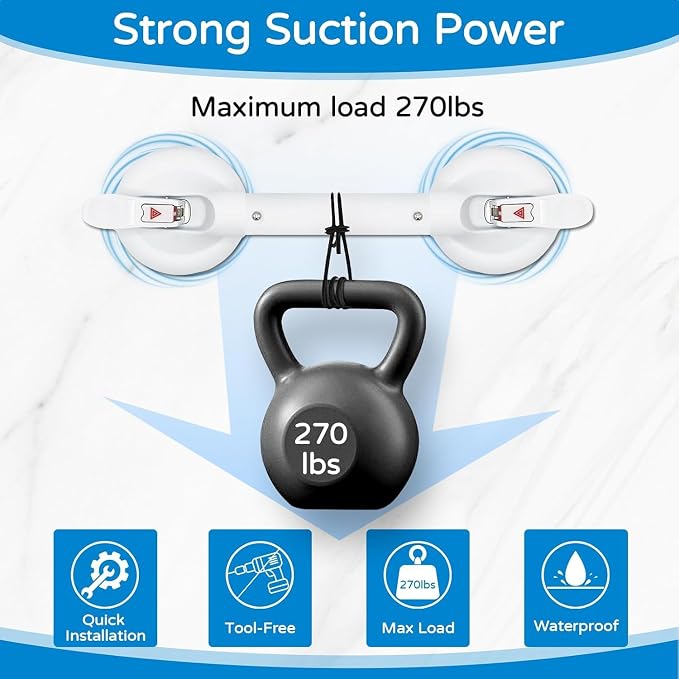Suction Grab Bar for Shower Bathtub: Upgraded Heavy Duty Non-Slip Grip Handle with Strong Suction Cup for Bathroom Wall, Max Load 269LBS Safety Bar for Elderly Senior Disabled Handicap 17 Inch White