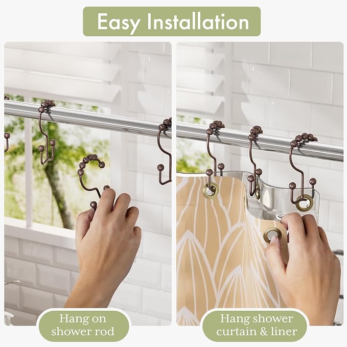 Amazer Shower Curtain Rings, Stainless Steel Shower Curtain Hooks Rings, 12 Pcs Double Glide Shower Rings for Bathroom Shower Curtain Rods Dual Rust-Resistant Shower Hooks, Bronze