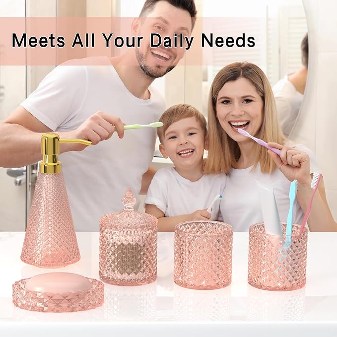 Pink Glass Bathroom Accessories Set 5 Pcs, Pink Bathroom Set, Soap Dispenser and Toothbrush Holder Set, Qtip Holder Set, Vintage Bathroom Sink Set, Cute Bathroom Decor