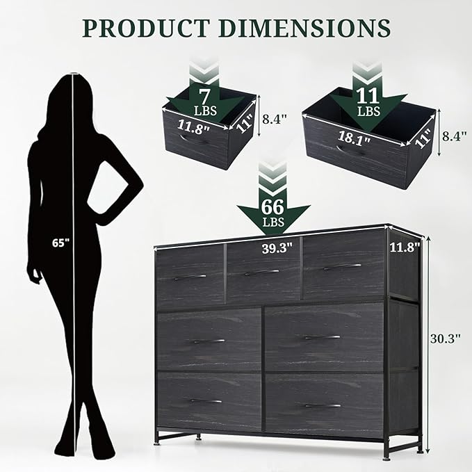 7-Drawer Dresser for Bedroom, Anti-Tip Wide Storage Organizer Fabric Chest of Drawers TV Stand for 45" TV with Wooden Top and Metal Frame for Closet, Living Room, Hallway, Entryway, Charcoal Black