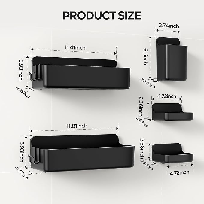 Nieifi Adhesive Wall Shelf, Shower Shelves 5 Pack with Soap Holder, Shower Organizer for Bathroom Organization, Black