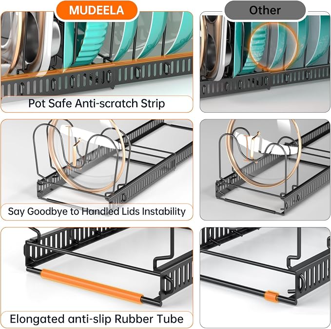 MUDEELA Pot and Pan Organizer Rack for under Cabinet, Expandable 11.81''-22.85'' Pot Lid Kitchen Cabinet Organizer Holder with 12 Adjustable Compartment Cutting Board Organizer for Pan Lid, Bakeware
