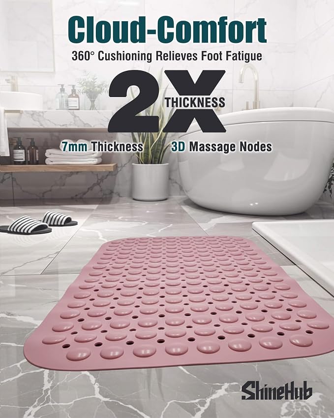 Non Slip TPE Bath Mat, Heavy Non Floating Shower Mat, 28x16, Pink | Strong grip, 166 suctions, 144 drains, 7mm extra-thick cushioned layer, washable, for bathroom shower tub floor
