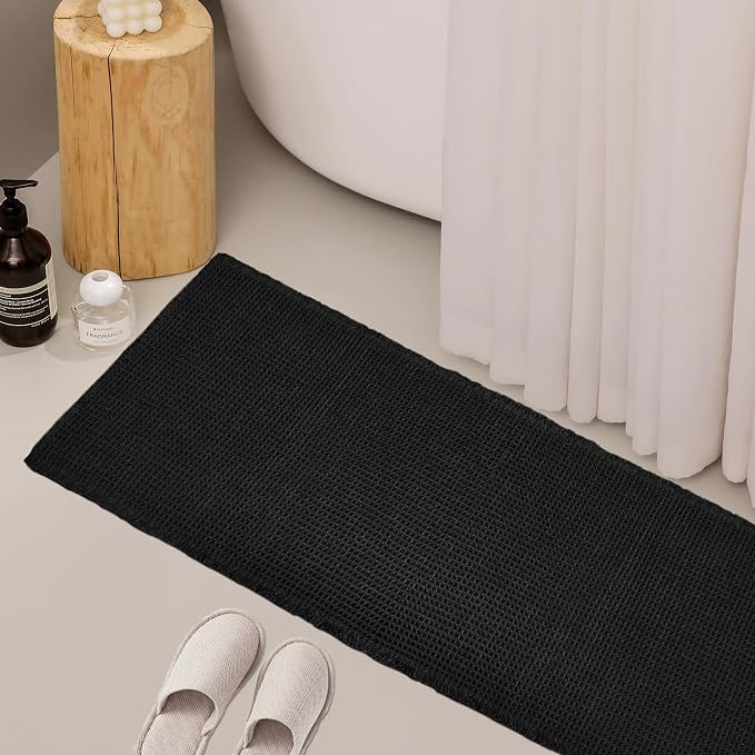 ZALL Waffle Bath Mat Black Super Absorbent Non Slip Bathroom Rug,Rhombus Geometric 24X60inch,Machine Washable Ultra Soft Floor Mats