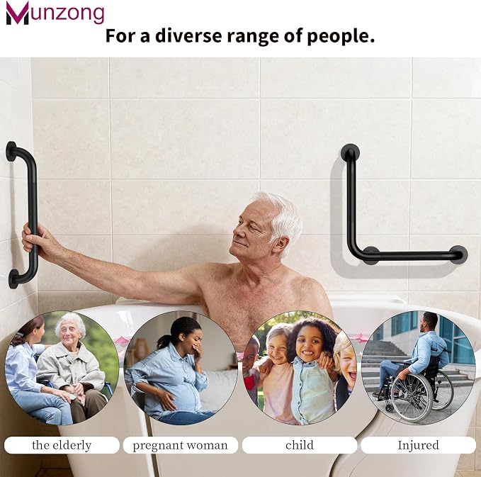 16 Inch L-Shaped Black Bathroom Grab Bars with 20 Inch Straight Munzong Toilet Handicap Grab Rail,Anti Slip Stainless Steel Knurled Safety Handle Support Elderly Injury Senior
