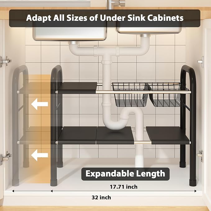 Expandable Under Sink Organizer, 2 Tier Under Sink Shelf with 2 Removable Baskets and 6 Removable Panels for Cabinet Sink Cloakroom Wardrobe Closet Storage(Black, 17.71”-32”Length