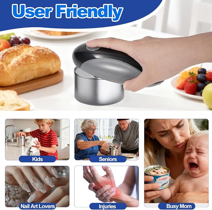 Rechargeable Electric Can Opener for Seniors with Arthritis, Handsfree Automatic Can Opener Electric with Smooth Edge, Magnet Lid Lifter, Fits Almost Can Sizes, Can Opener for Kitchen (Black & Grey)