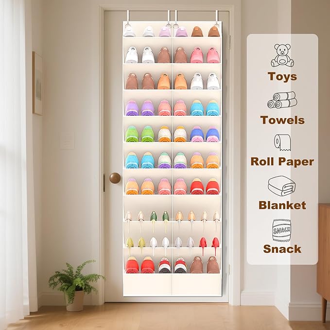 UVIAHOMI 20-30 Pairs Over the Door Shoe Organizer, Clear Pockets Hanging Shoe Storage for Closet, 10-Tier Door Shoes Rack, Handing Shoes Holder Fit All the Family's Sneakers, Boots, Heels, Beige